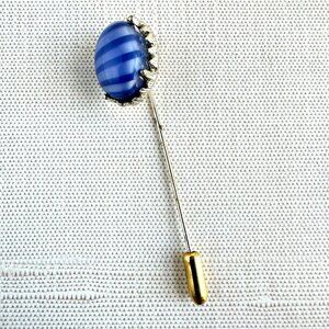 Vintage Art Glass Stick Pin With Blue Striped Oval & Silver-Tone Setting